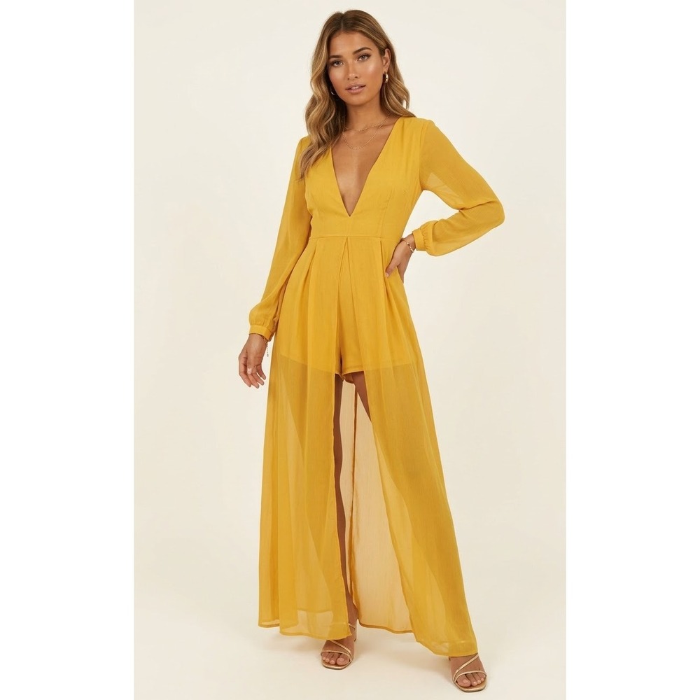 XTAREN Womens Yellow Maxi Romper Deep V-Neck Long Sleeve Skirt Overlay Size L